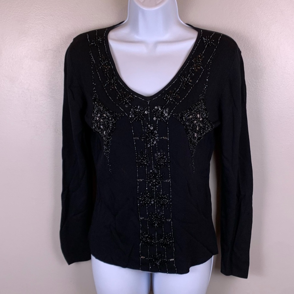Vintage Pierri New York Beaded Knit Top Womens Medium Black Eveningwear Stretch‎